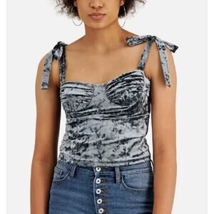 Leyden Velvet Bustier Top Medium Gray Sleeveless Ruched Tie Shoulder Coquette